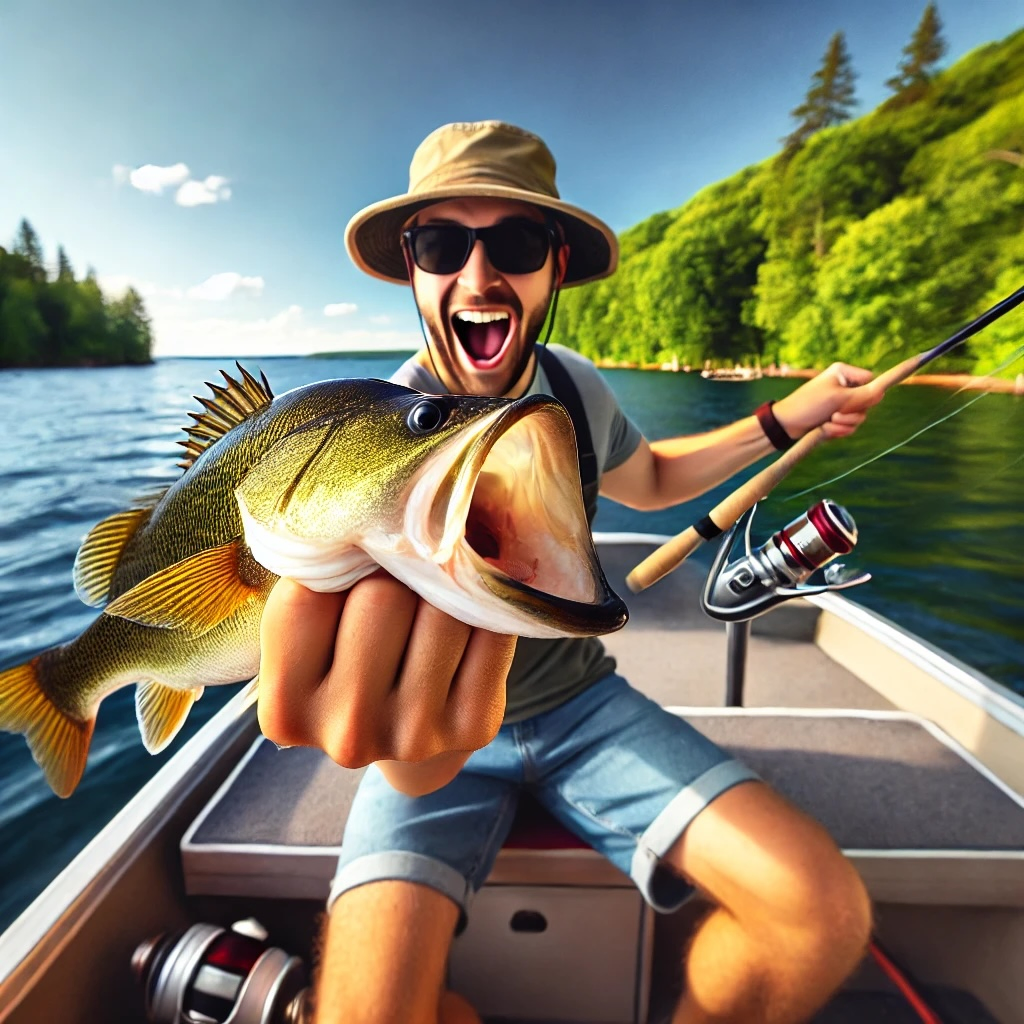 Excited angler holding a large bass on a sunny day